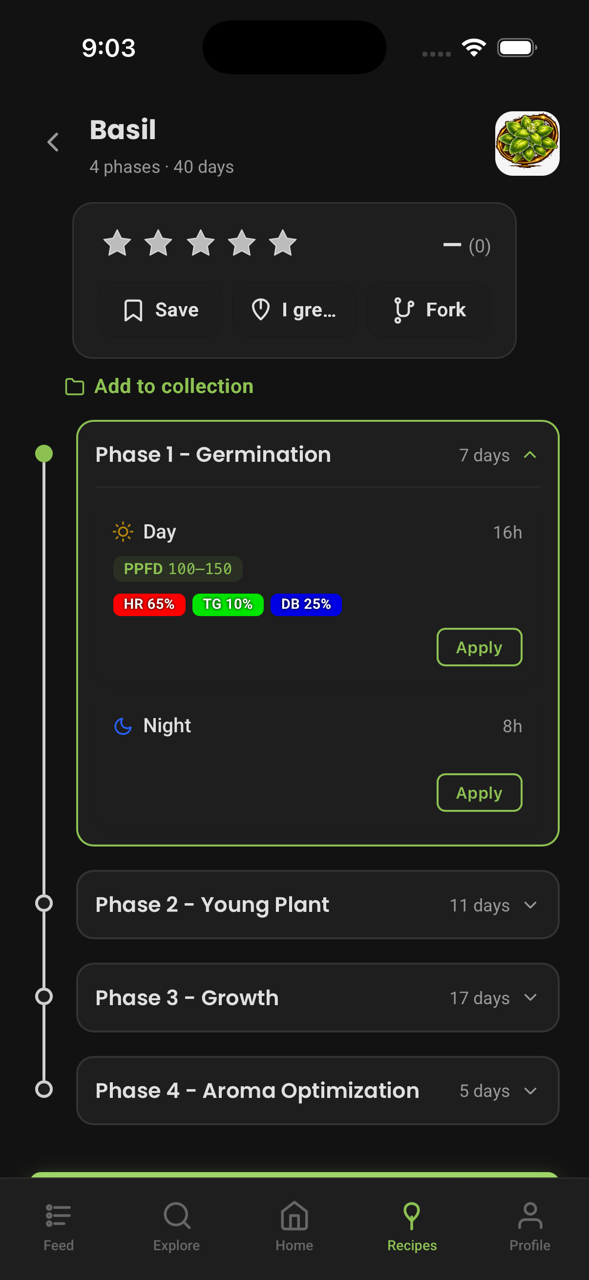 PlantaeLight app — community recipe with star rating, save and fork
