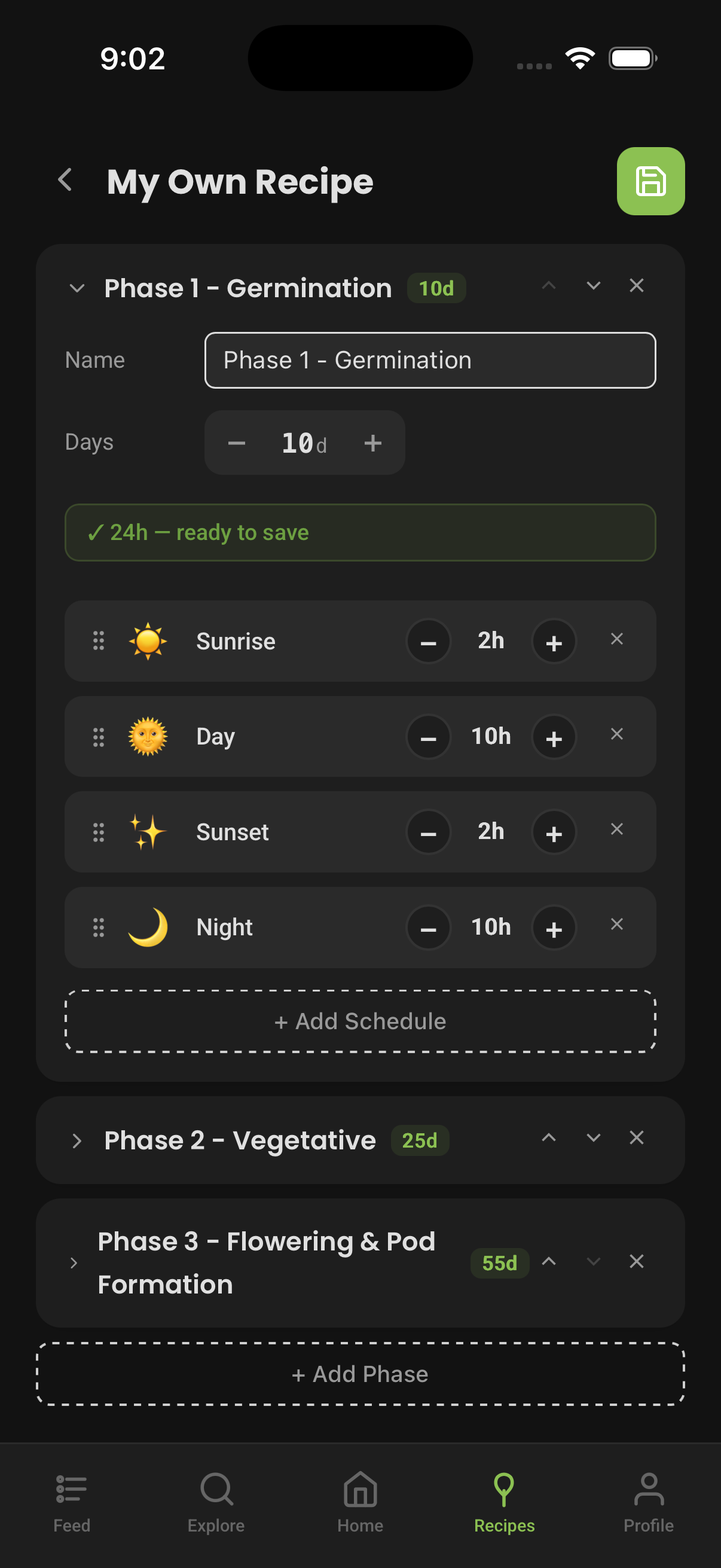 PlantaeLight app — multi-phase schedule with sunrise, day, sunset and night blocks