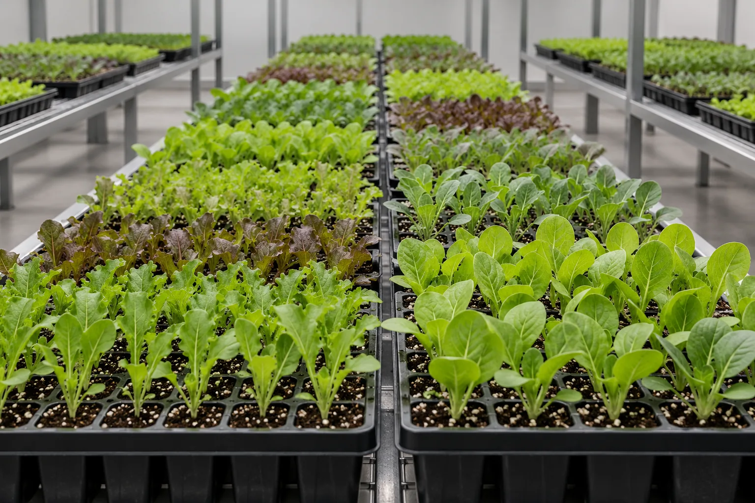 Propagation trays with young plants on a rack